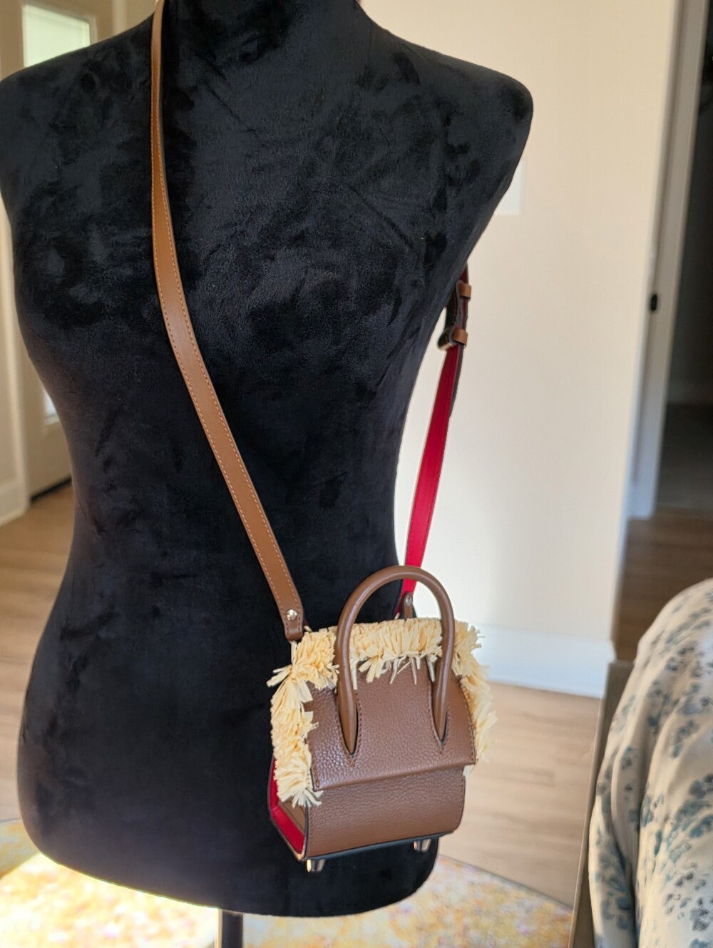 Authentic Christian Louboutin Brown Leather Crossbody Bag with Cream Fringe